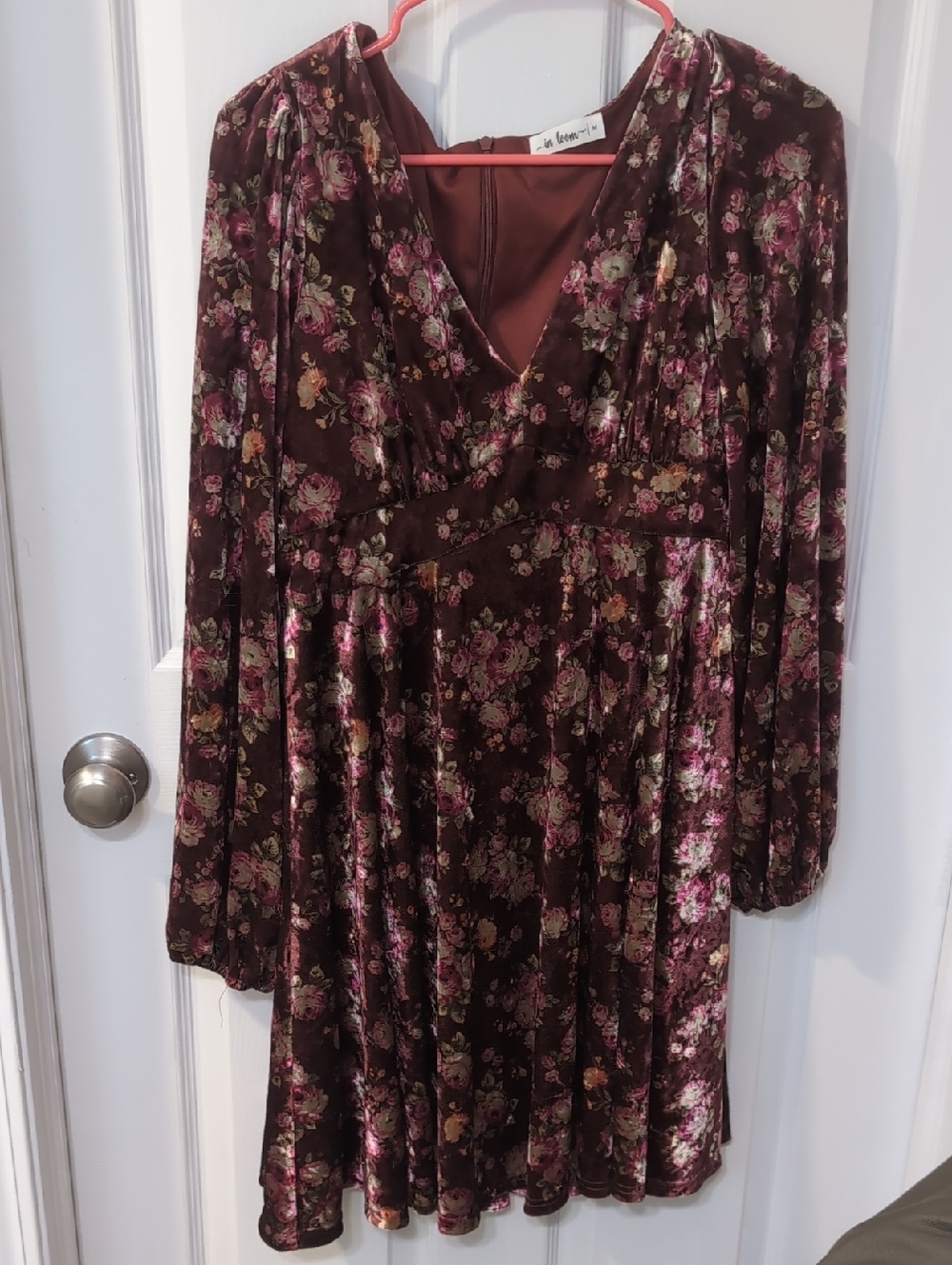 Velvet Floral Long-Sleeve Dress in Burgundy